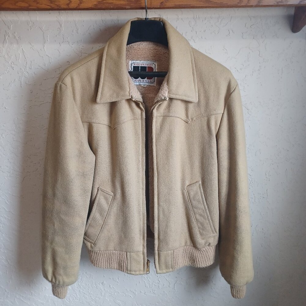 Vintage William Barry Sherpa Lined Bomber Jacket Cream USA Size 38